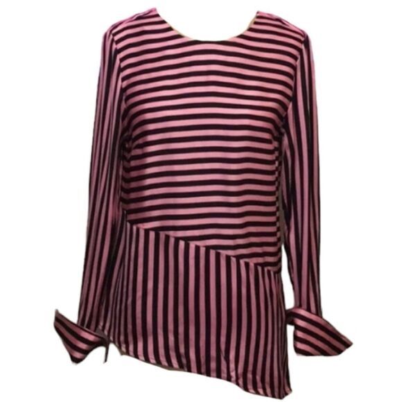 🔺️H&M Pink & Black Striped Asymmetric Hemline Rayon Blouse Size 2 - Picture 1 of 13
